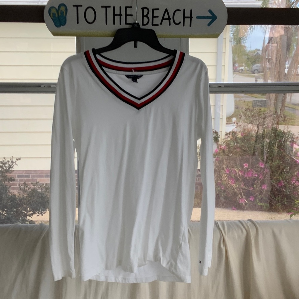 White Long Sleeve V-Neck Top with Red and Black Trim